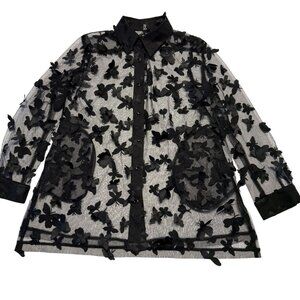 Berek Black Butterfly Burnout Long Sleeve Button Front Blouse Women's Medium M